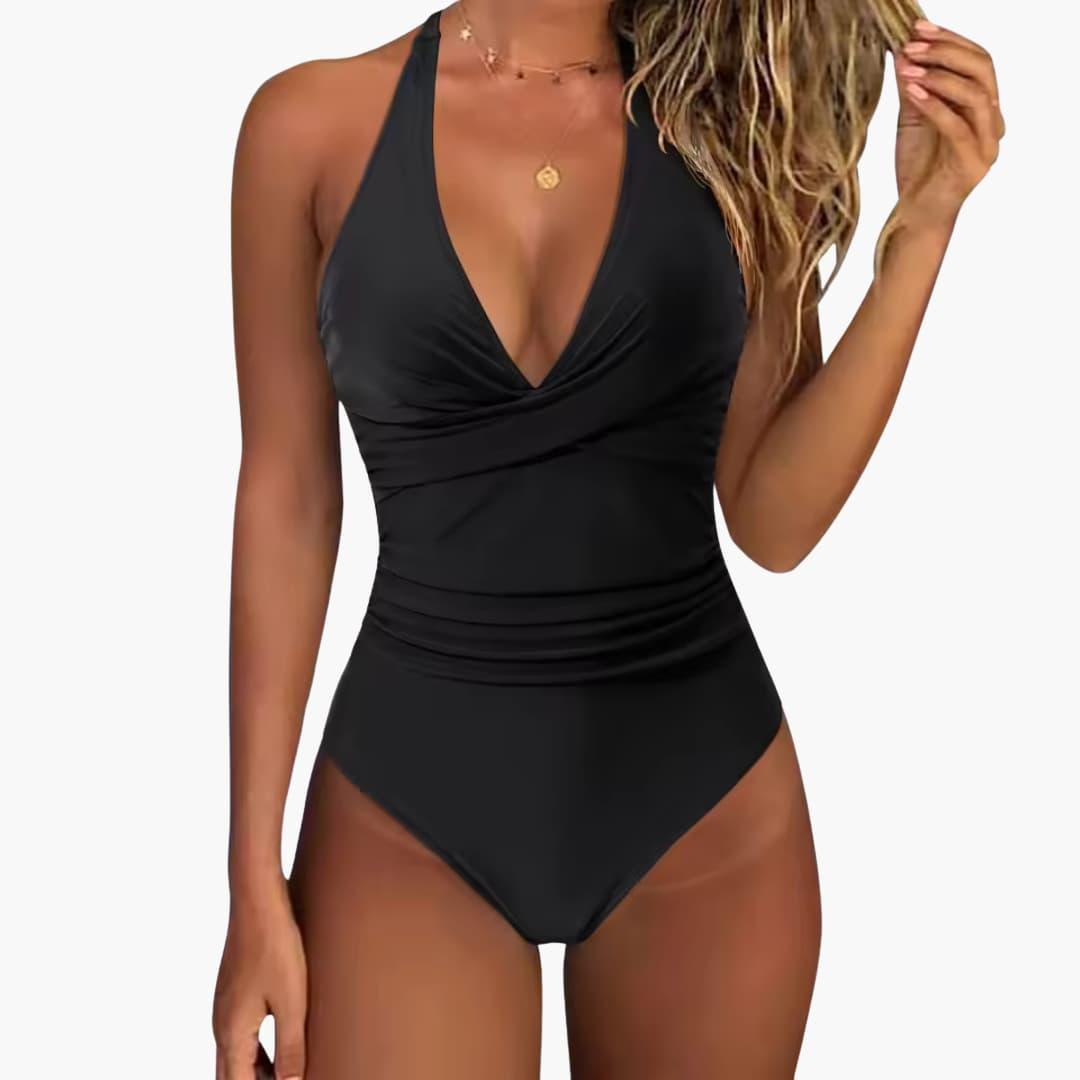Damen Einteiler Badeanzug mit Raffung – Halter Neck