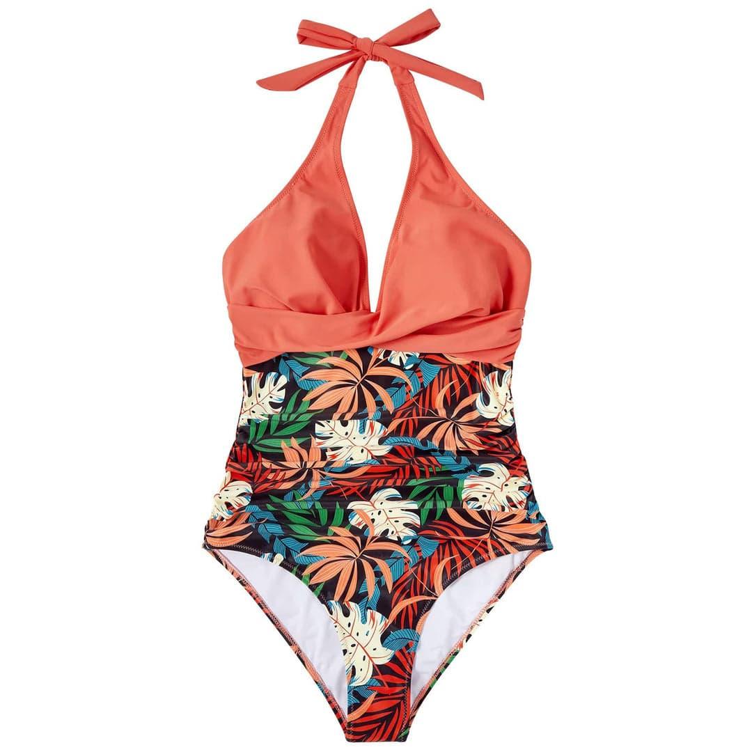 Damen Einteiler Badeanzug mit Raffung – Halter Neck