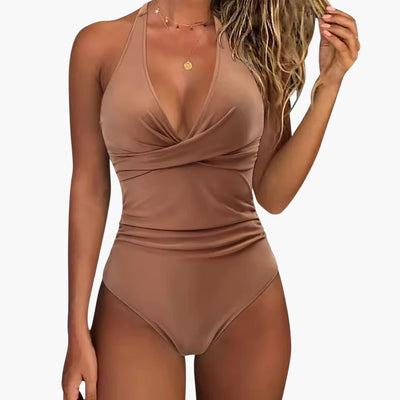 Damen Einteiler Badeanzug mit Raffung – Halter Neck