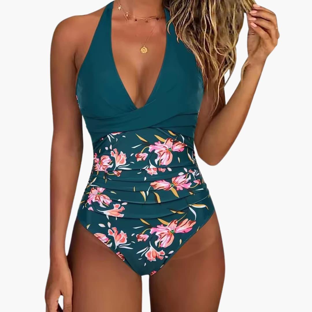 Damen Einteiler Badeanzug mit Raffung – Halter Neck